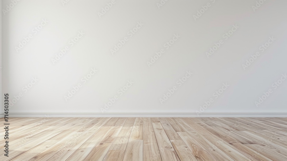A blank room with a white painted wall and light wooden herringbone floor, giving a clean and spacious feel. A blank room with a white painted wall and light wooden herringbone floor, giving a clean and spacious feel.