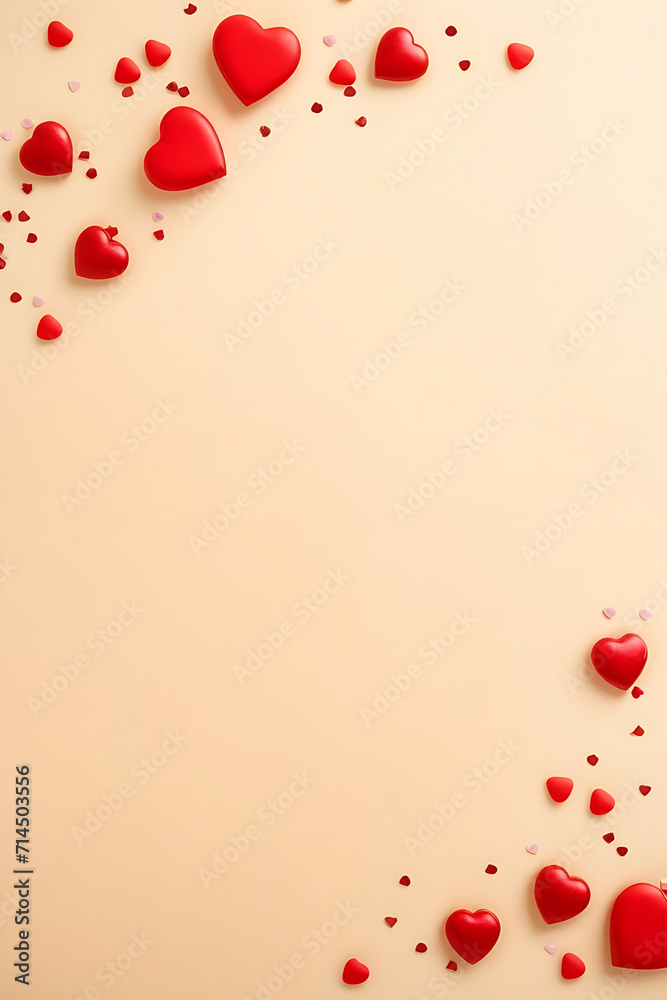 Valentine's day greeting card with red hearts and confetti on beige background. Top view with copy space