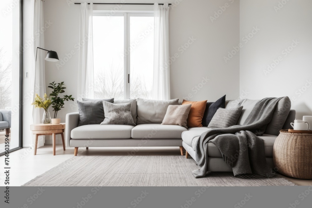 Fototapeta premium Interior home design of modern living room with gray sofa and houseplants on white wall with copy space