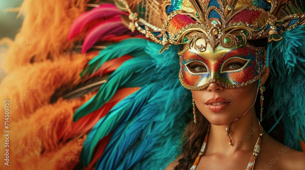 A woman in an ornate masquerade mask with feathers and beading, embodying the Brazilian carnival's spirit