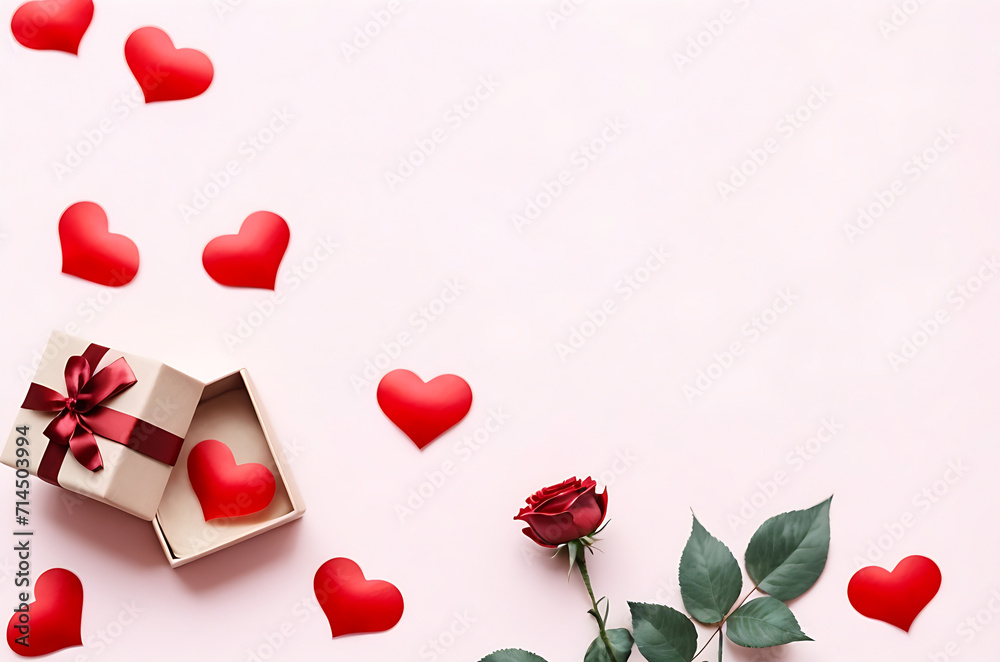 Valentine's day composition with rose flower, red heart and gift boxes. Mother day and birthday greeting card, Top view copy space for text