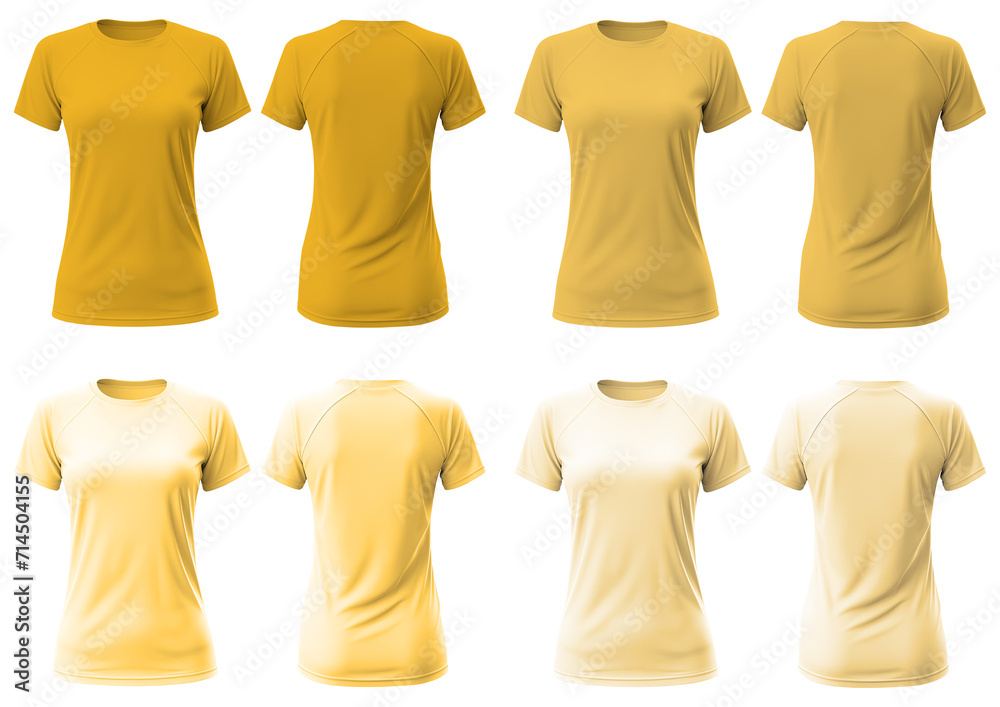 Set of Yellow Gold front, back t-shirt woman cutout on transparent background. Mockup template product presentation. Set of Yellow Gold front, back t-shirt woman cutout on transparent background. Mockup template product presentation.