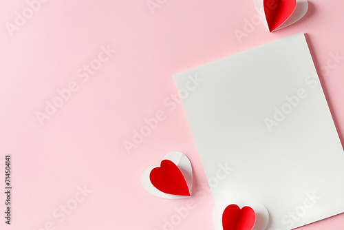 Valentine's day greeting card with paper hearts on pink background
