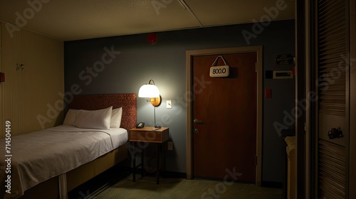 A hotel room door on a sign hanging from the handle. The room is dimly lit and features a made bed with a nightstand and lamp in the background 