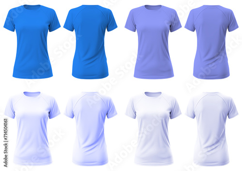 Set of Blue front, back t-shirt woman cutout on transparent background. Mockup template product presentation.