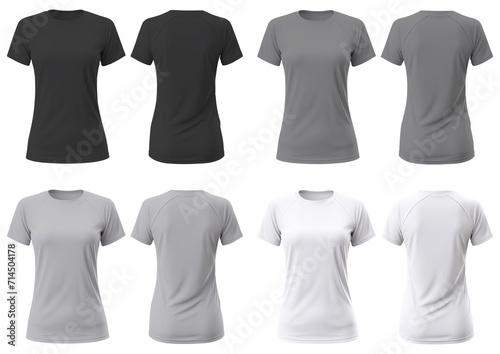 Set of Black grey white front, back t-shirt woman cutout on transparent background. Mockup template product presentation.