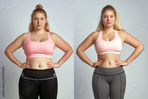 Woman posing before and after weight loss. Diet and healthy nutrition. Fitness results, get fit. Liposuction results, plastic surgery. Transformation from fat to athlete. Overweight and slim, training