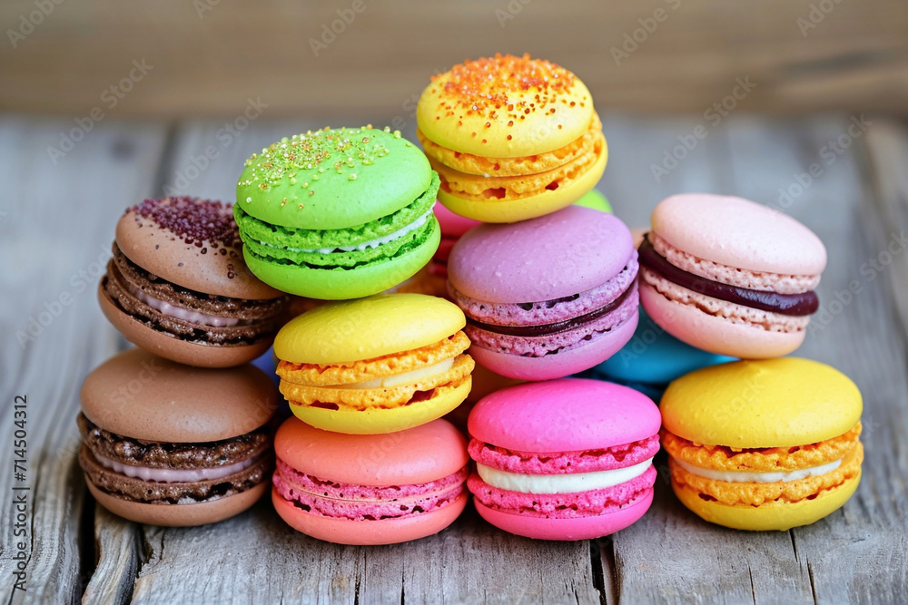 Stack of sweet and colorful French macaroons on wooden background