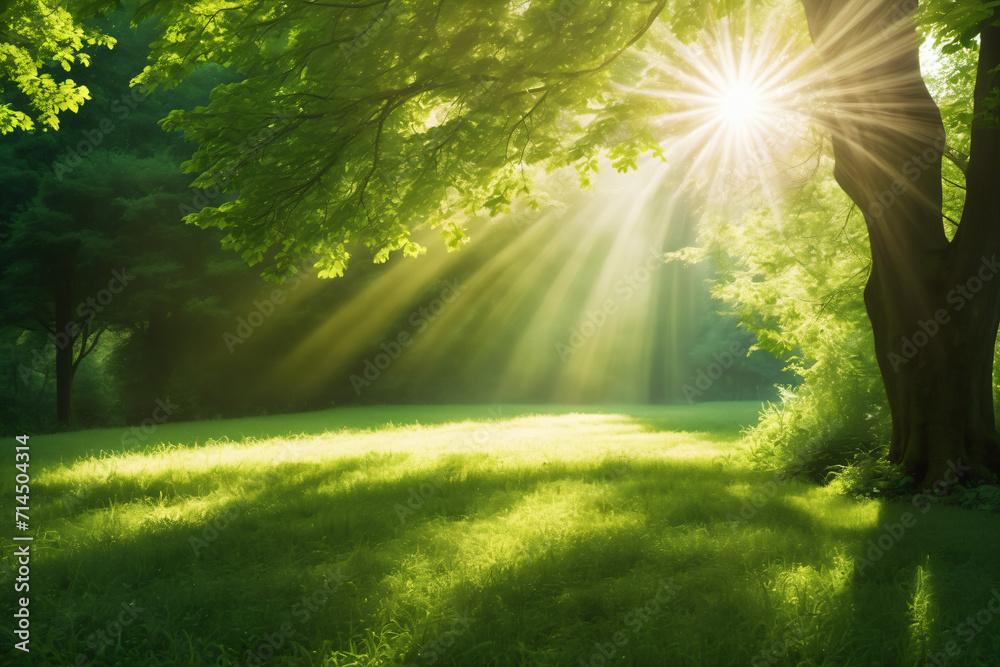 日の光を浴びる新緑、自然