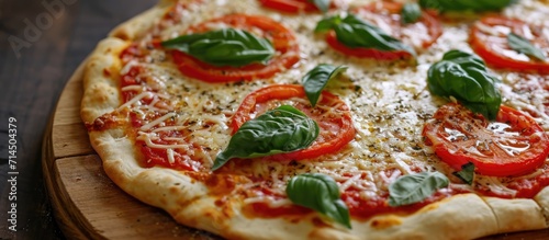 Homemade pizza with tomato and basil photo