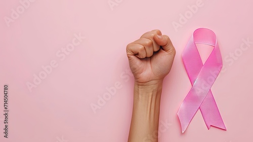 Overhead shot of female hand in a fist and pink ribbon isolated on pastel pink studio background  