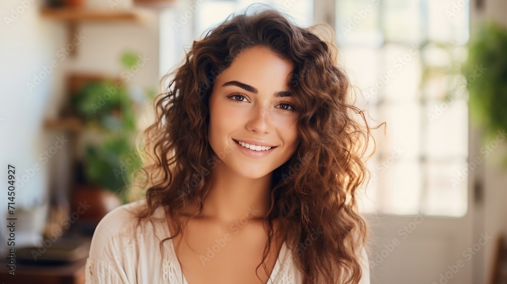 Portrait of beautiful young woman with curly hair looking at camera. Portrait of beautiful young woman with curly hair looking at camera.
