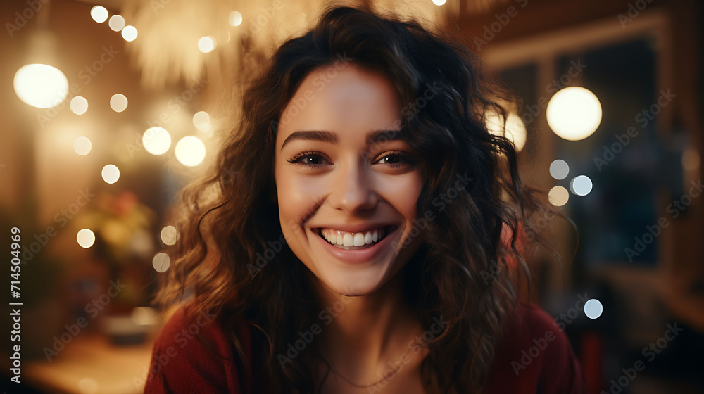 Portrait of a beautiful smiling girl with curly hair in a cafe Portrait of a beautiful smiling girl with curly hair in a cafe