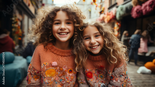 Two happy little sisters having fun on the street in autumn time. photo