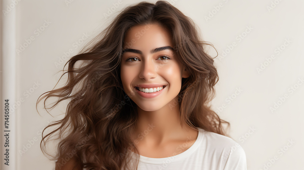 Beautiful young woman with long curly hair on light background, closeup Beautiful young woman with long curly hair on light background, closeup