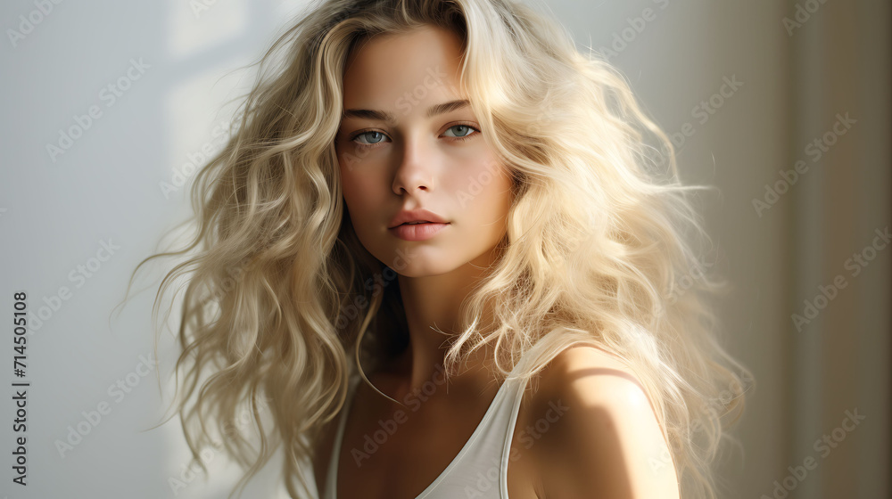 Portrait of a beautiful blonde girl with long curly hair.