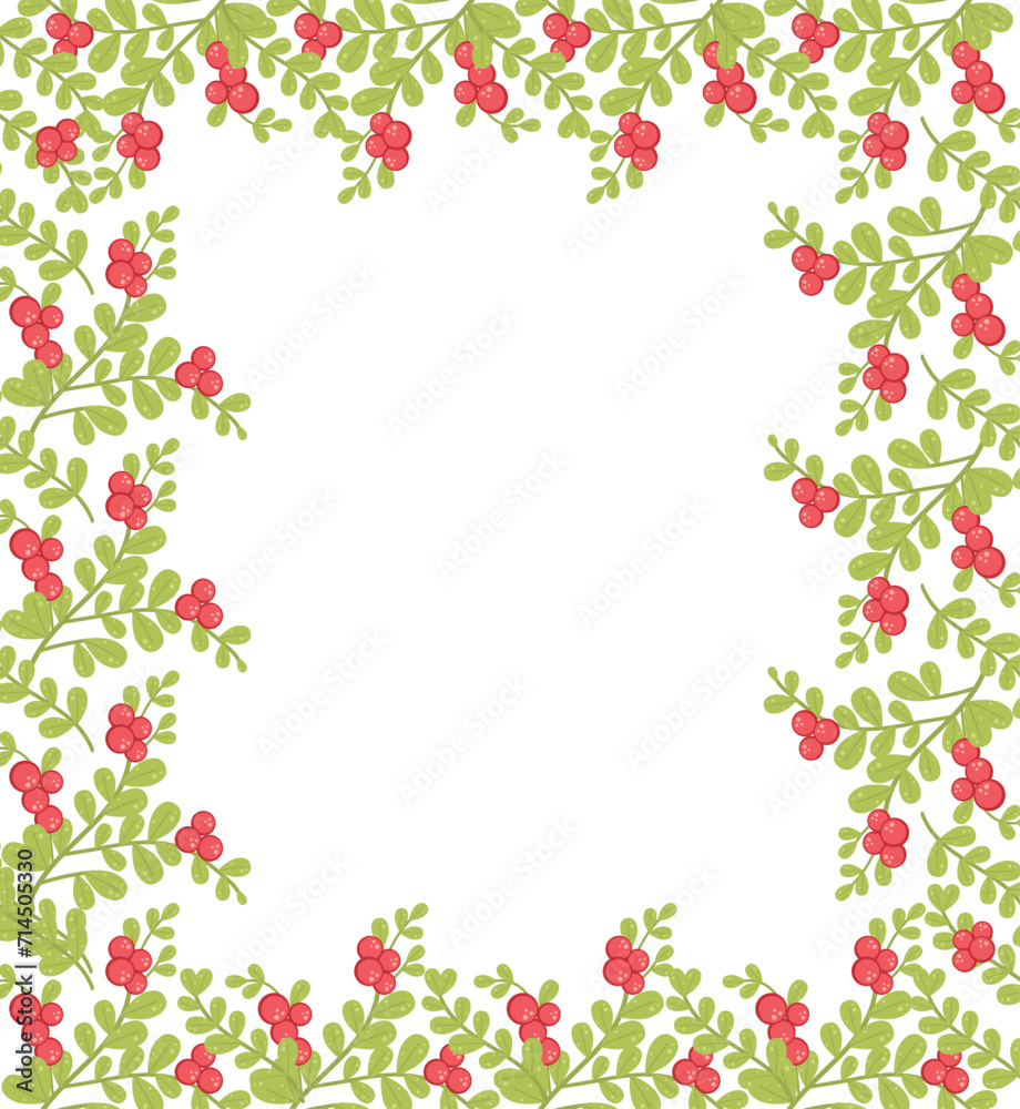 Template with berries, square vector background. Decorative frame with branches of berries on white. Cartoon flat style illustration.