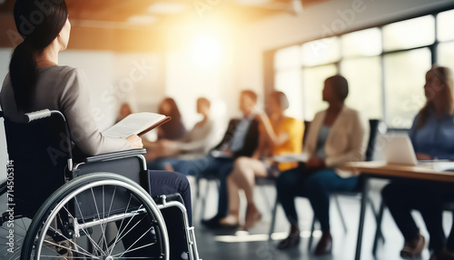 Man in wheelchair at work in office working in company with people