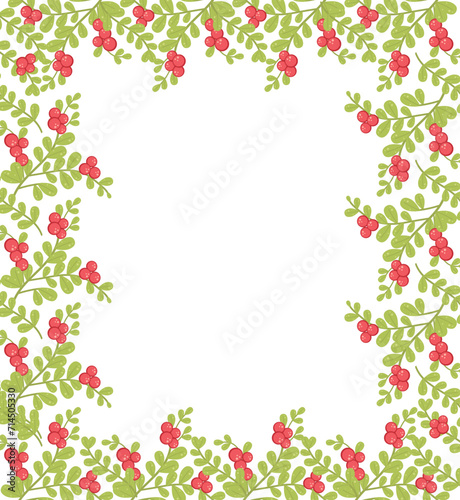 Template with berries, square vector background. Decorative frame with branches of berries on white. Cartoon flat style illustration. © Liana