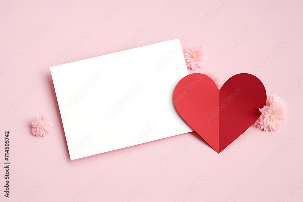 Valentine's day greeting card with red paper heart and flowers on pink background