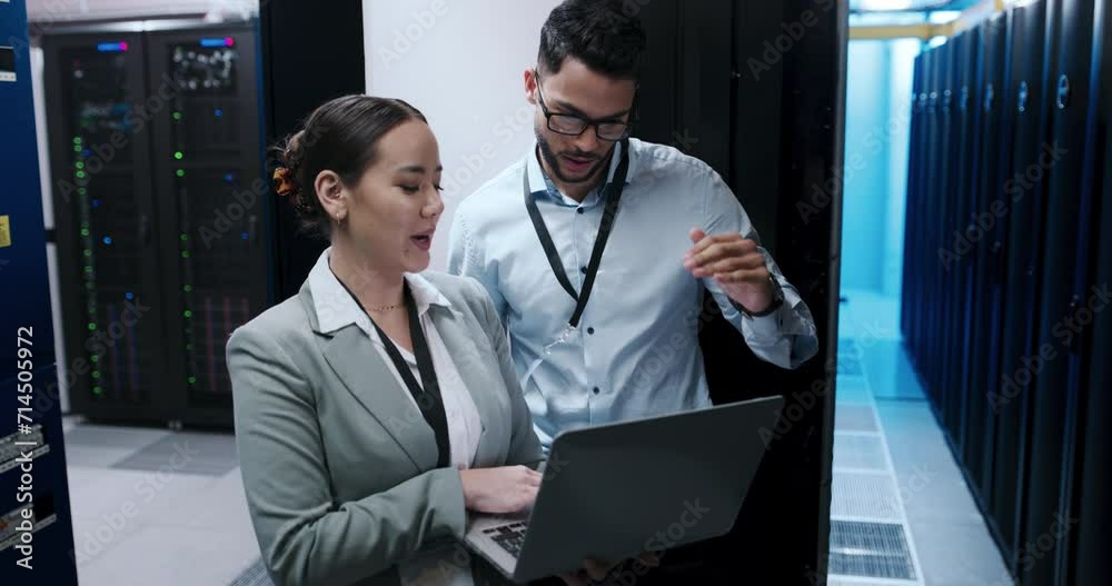 Engineering team, laptop and server room for cloud computing, programming or hardware solution. Technician, people or man and woman in data center for information technology advice or computer coding