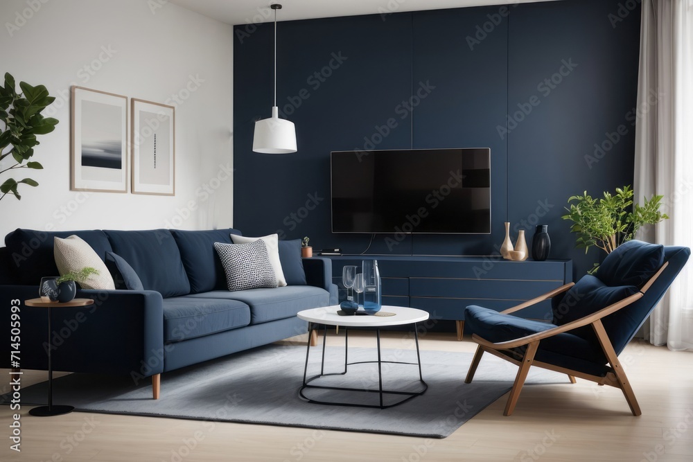 scandinavian Interior home design of modern living room with dark blue sofa and round table in the apartment