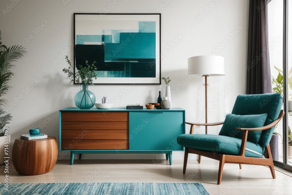 Fototapeta premium Interior home design of modern living room with dark turquoise lounge chair and wooden chest of drawers with abstract art poster frame on white wall