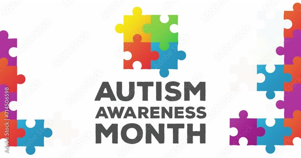 Animation of autism awareness month text and puzzle pieces on white background Animation of autism awareness month text and puzzle pieces on white background