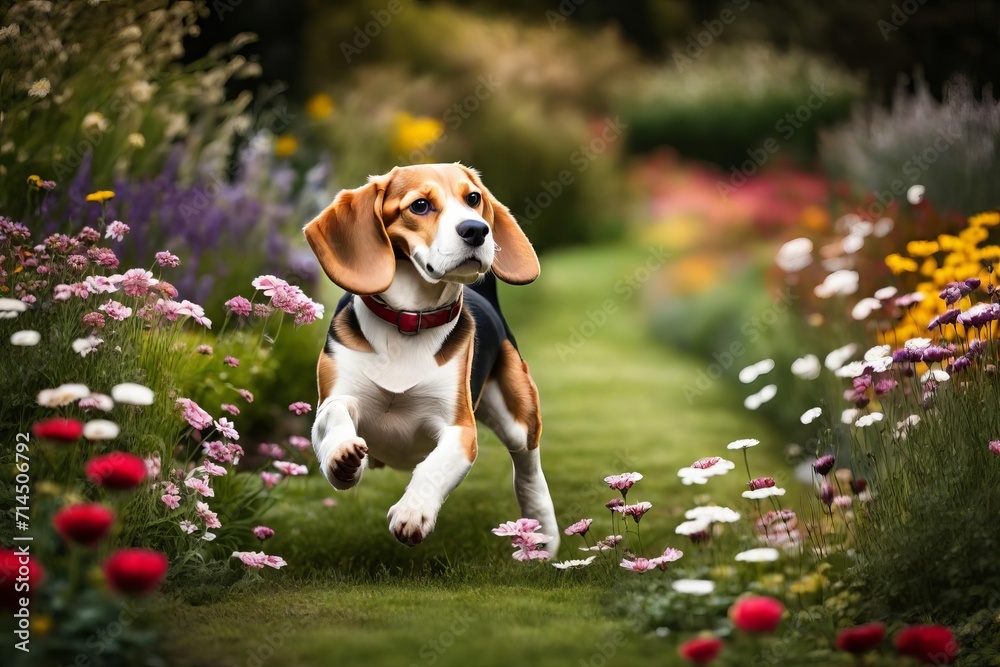 Energetic Beagle Puppy Frolicking in Vibrant Flower Garden