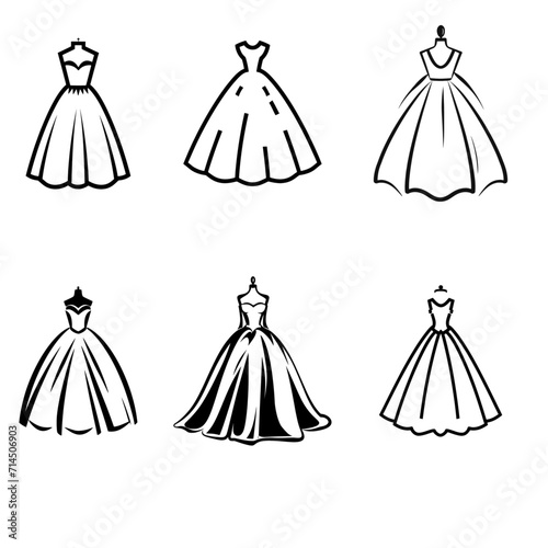 Wedding dress, simple, lovely, black line art set, illustration