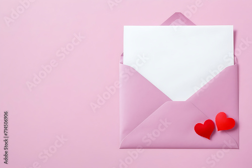 Open envelope with blank white card and red heart on pink background, Valentine's day, wedding, engagement, mother's day, birthday greeting card with space for text