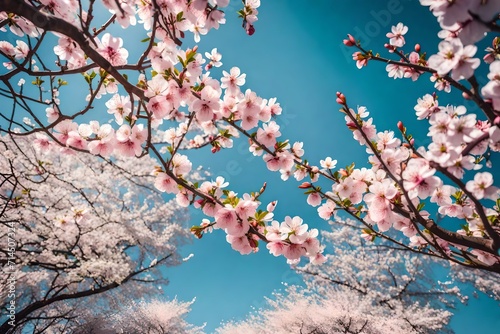 A mesmerizing shot of blossoming apricot tree branches against a clear sky