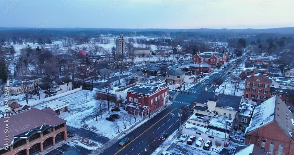 Early evening winter aerial video of the four corners in the Village of Pittsford, New York. (01-14-2024) Early evening winter aerial video of the four corners in the Village of Pittsford, New York. (01-14-2024)