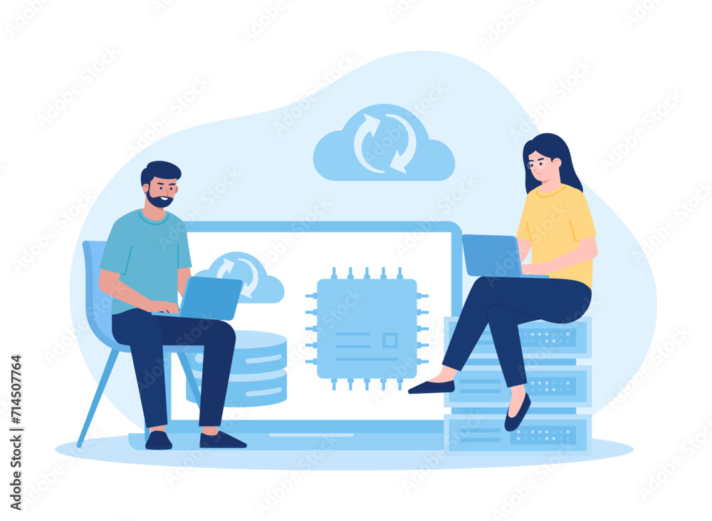 Fototapeta premium people are backing up server data concept flat illustration