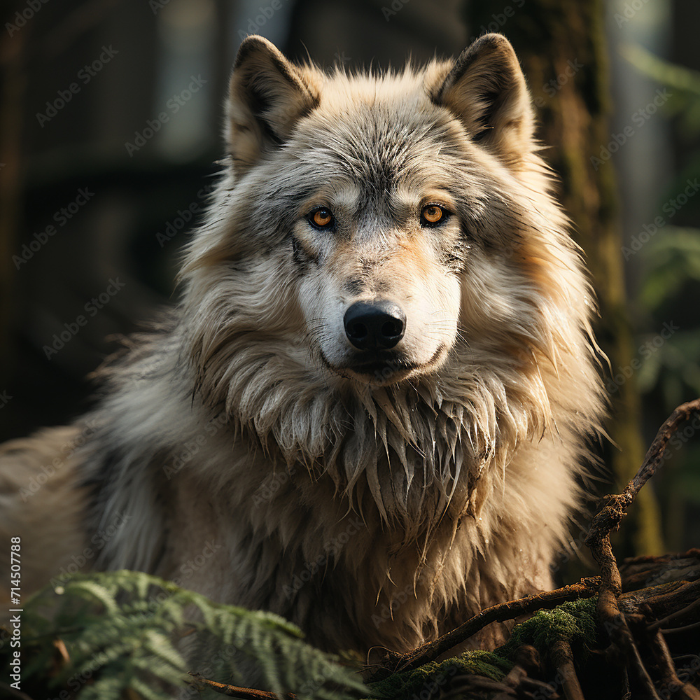 a_massive_light_grey_wolf_standing_in_a_dense_spruce_tre