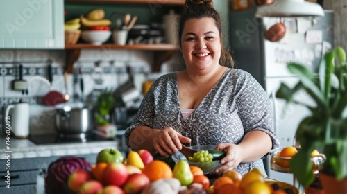 Happy plus size woman standing with fruits for making healthy food in kitchen. photo