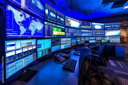 High tech security control room with multiple screens photo