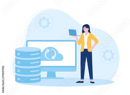 woman transferring data using a laptop concept flat illustration