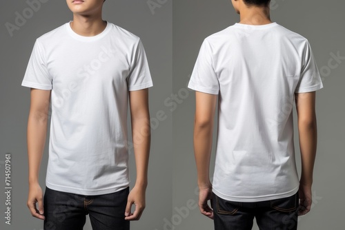 Front and back view of a plain white t shirt on a male model photo