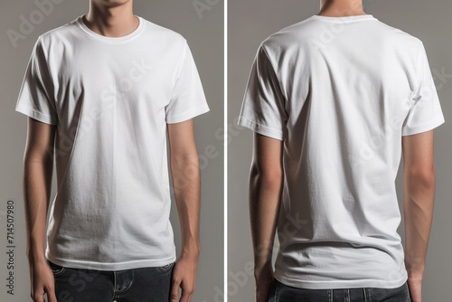 Front and back view of a plain white t shirt on a male model