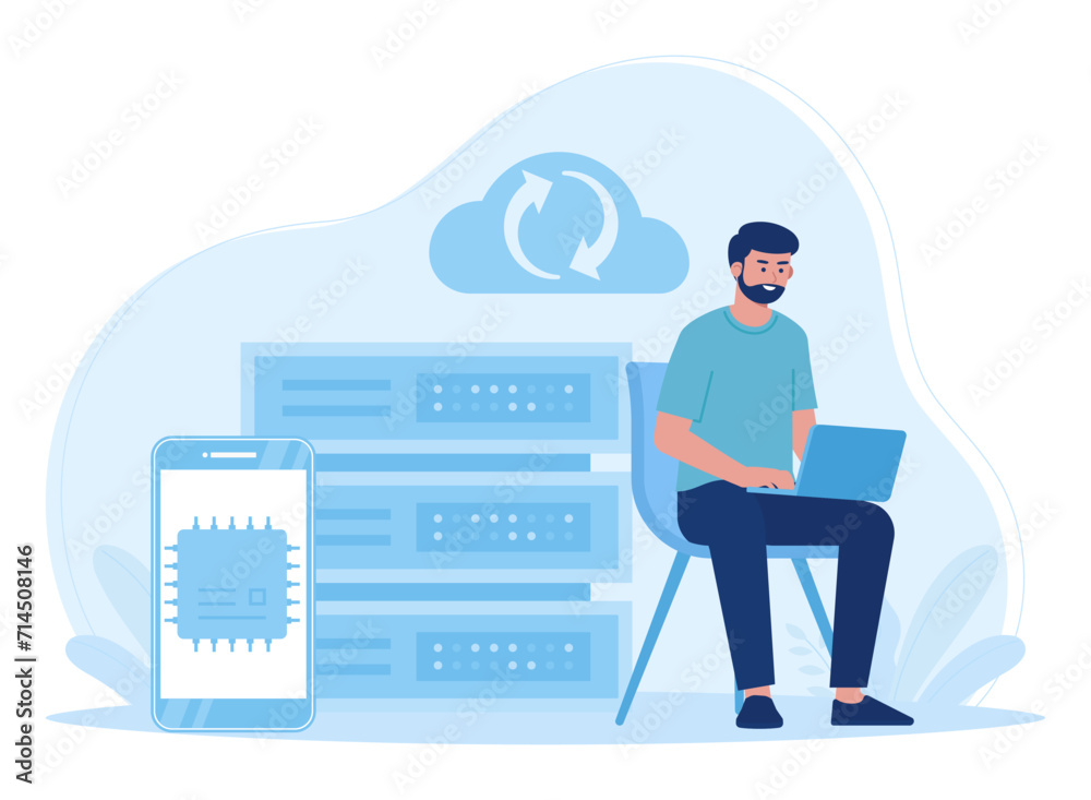 concept of men backing up data concept flat illustration concept of men backing up data concept flat illustration
