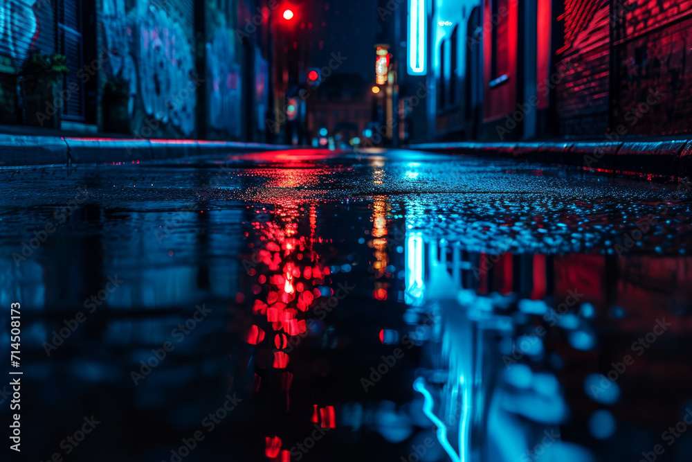 Dark, moody atmospheric street with reflective wet ground