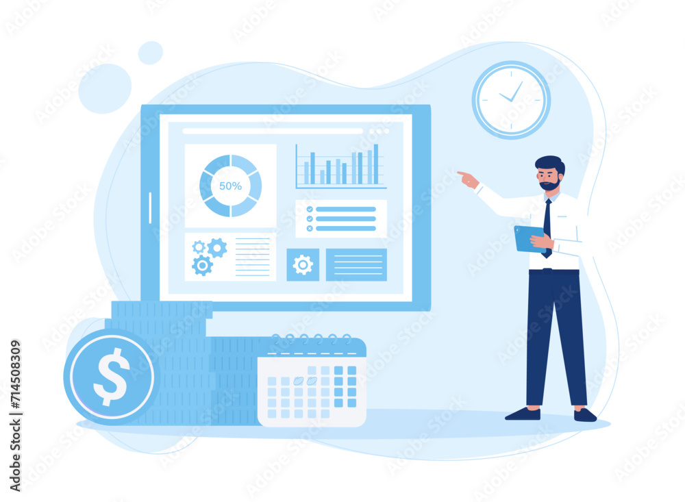 man with tablet analyzing infographics. diagram bar chart report concept flat illustration man with tablet analyzing infographics. diagram bar chart report concept flat illustration