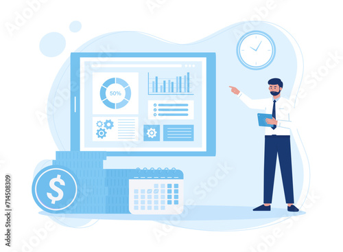 man with tablet analyzing infographics. diagram  bar chart  report concept flat illustration