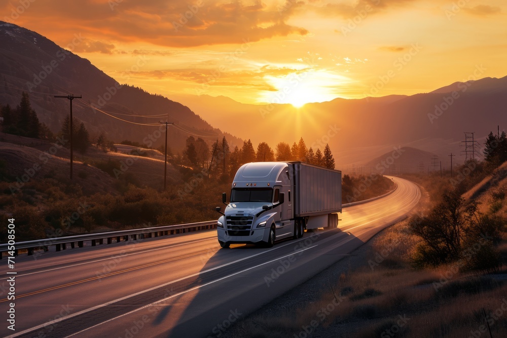Semi truck driving on highway during sunset in mountainous area Semi truck driving on highway during sunset in mountainous area