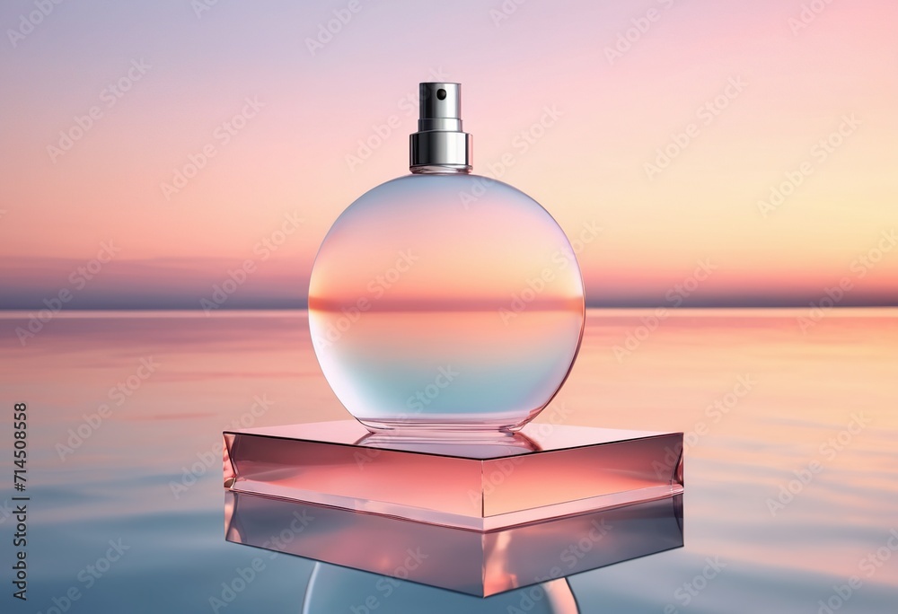 Transparent perfume bottle on a background of water Transparent perfume bottle on a background of water