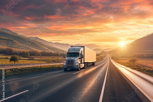 Semi truck driving on highway during sunset in mountainous area