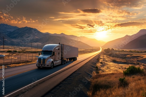 Semi truck driving on highway during sunset in mountainous area