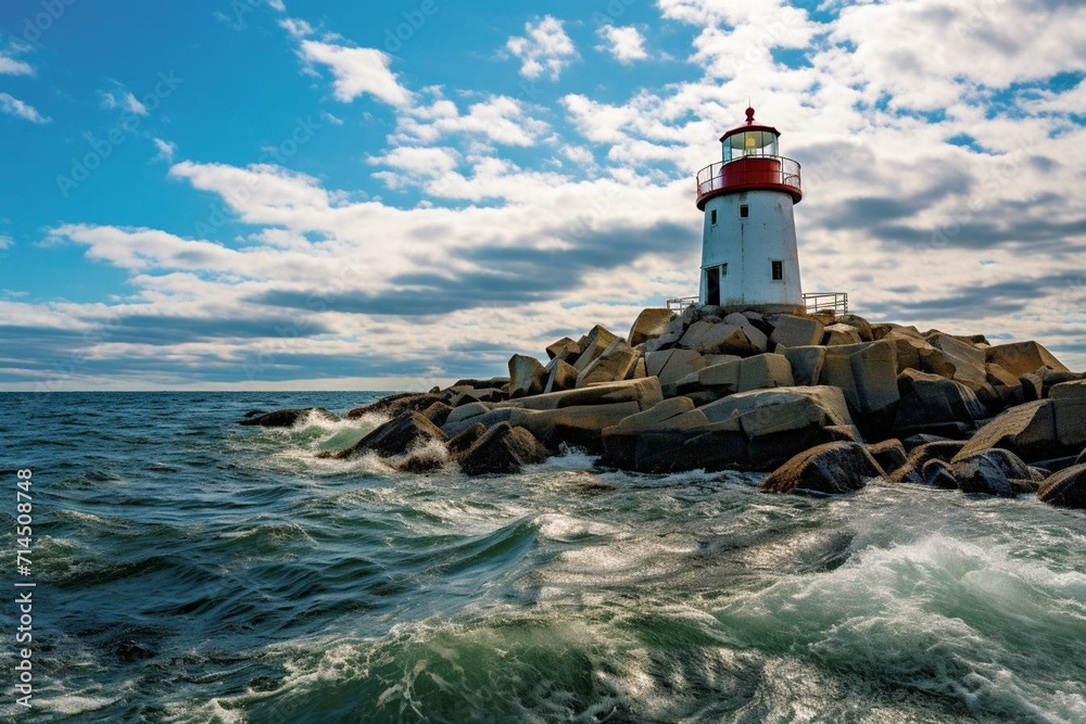 Lighthouse on rock amidst waves with blue sky and clouds. Generative AI