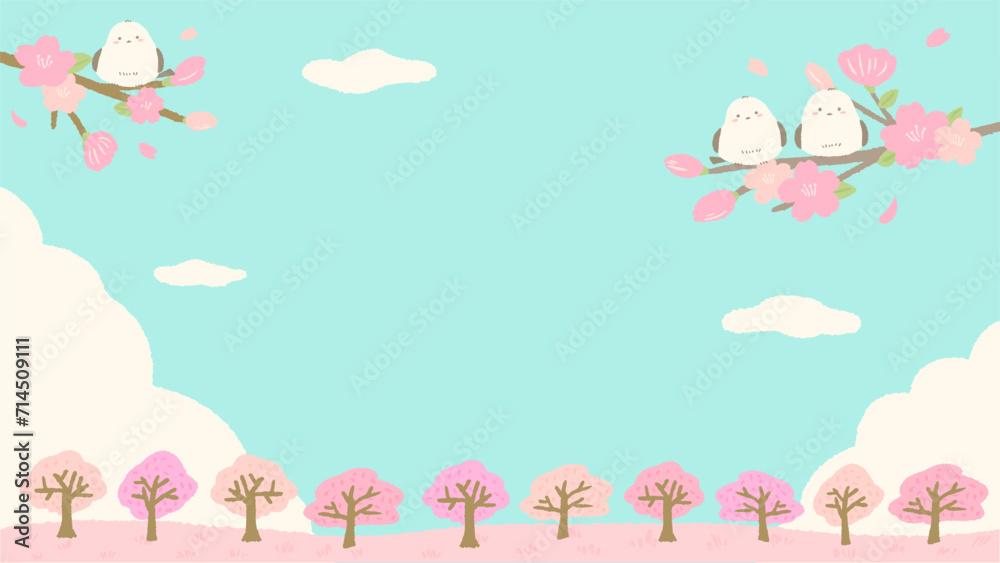 Cherry blossom scenery with rows of cherry trees and Shimaenaga(Long-tailed tit) perched, background frame, cute simple hand-drawn illustration / 桜並木とシマエナガがとまった桜の風景、背景フレーム、かわいいシンプルな手描きイラスト